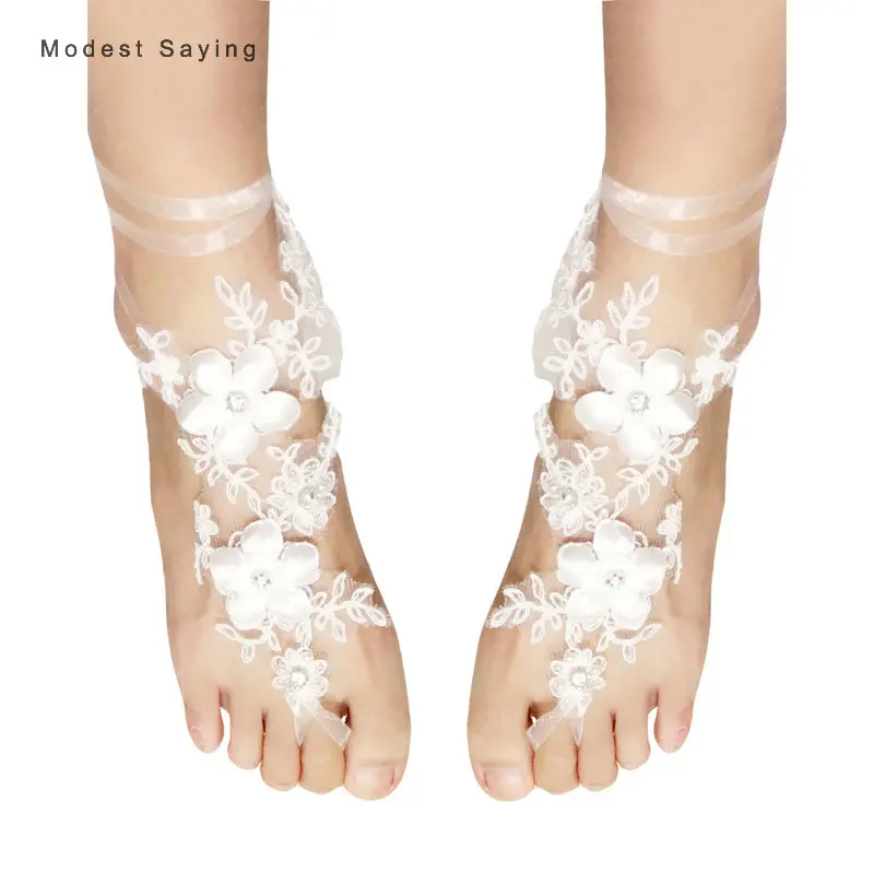 Free Size Ivory Flowers Lace Wedding Barefoot Sandals Anklet Shoes With Toe Sandbeach Bridal Beach Bridesmaid Foot Jewelry YB25 | Украшения