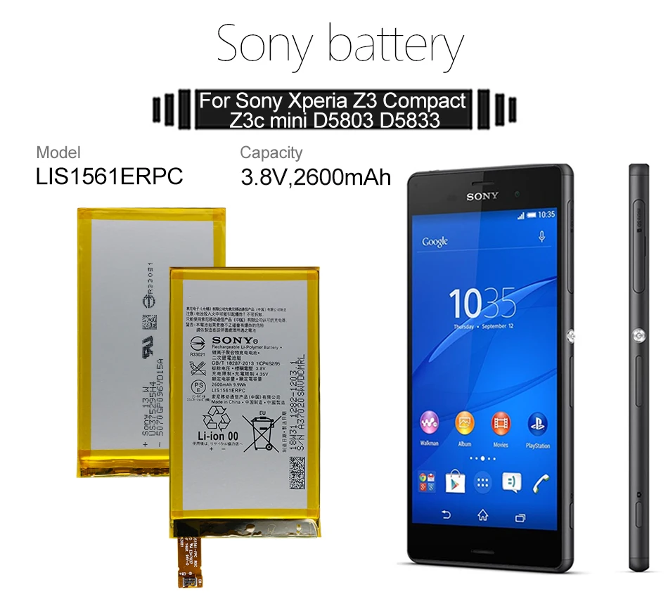 SONY LIS1561ERPC телефон Батарея 2600 мА/ч, для SONY Xperia Z3 Compact Z3 мини C4 M55W D5833 D5803 SO-02G Z3 мини Batteria
