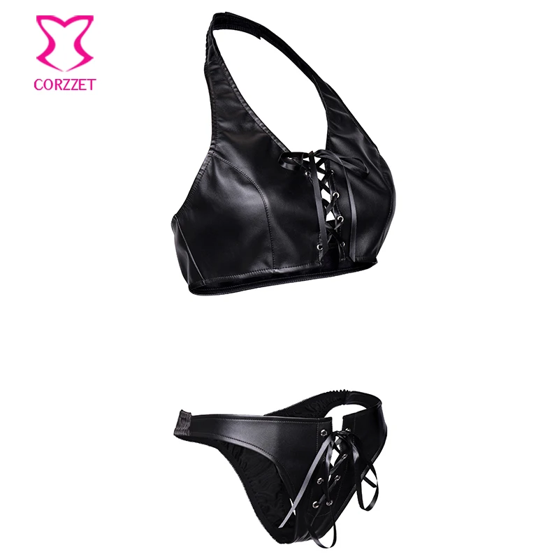 Женское нижнее белье из черной кожи с лямкой на шее со шнуровкой спереди