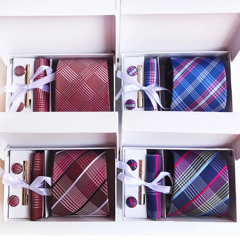 Mens  Stripe Check Dot Tie Gift Box Set Fashion Accessories Set Best GIFT for Him