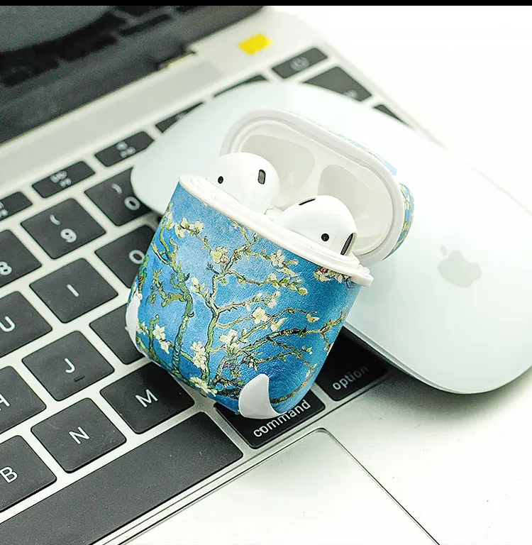 Чехол airpods кожаный для Apple Bluetooth наушники защитная кожа Kanagawa Ван Гог противоударный Анти-пыль ремень Звездная ночь бухта - Цвет: bloom