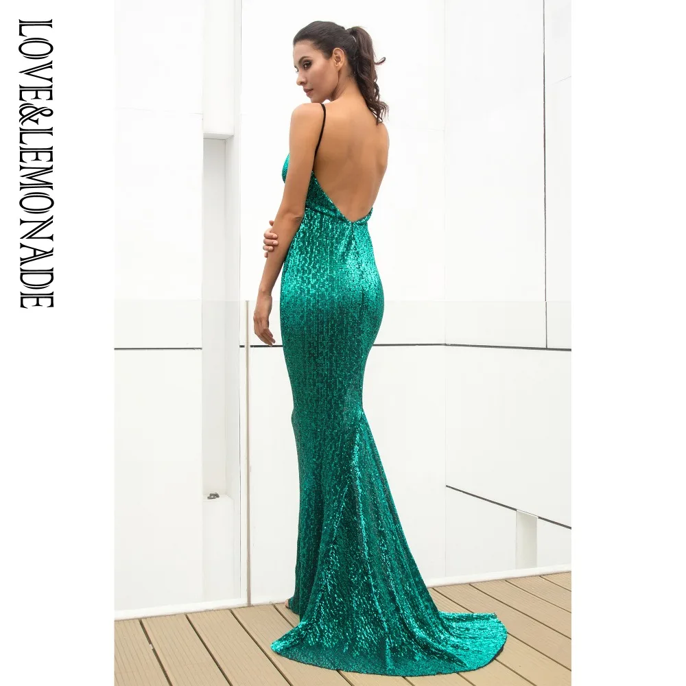 Женское длинное платье LOVE &amp LEMONADE зеленое эластичное с блестками и V-образным