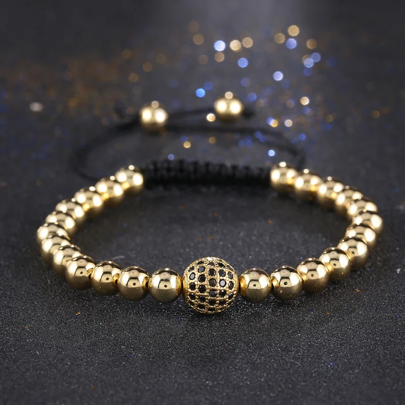 Мужская Браслеты 24 К Позолоченные Круглые Бусины и 10 мм Micro Pave Черный CZ Бисер 1