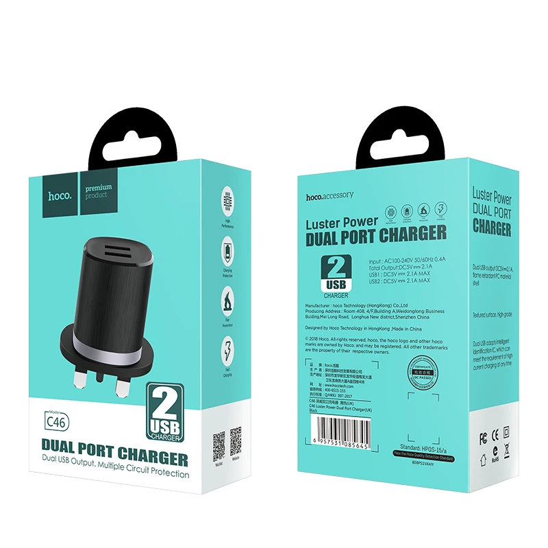 HOCO, новинка, 2 порта, USB, настенное зарядное устройство для быстрой зарядки, штепсельная вилка Великобритании, для iPhone XS, XS, Max, XR, samsung, xiaomi, huawei
