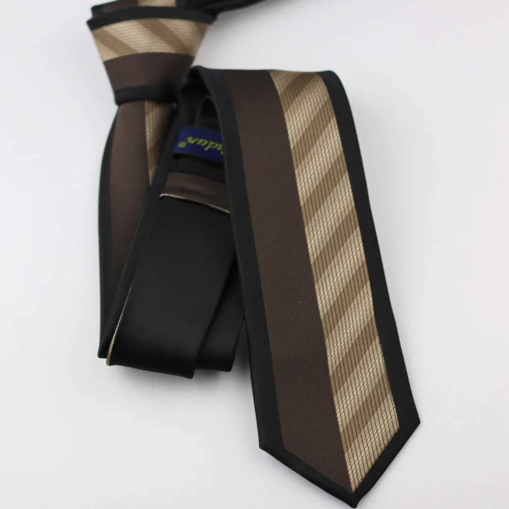 Мужские галстуки тонкий черный бордюр коричневый полукофейный полосатый