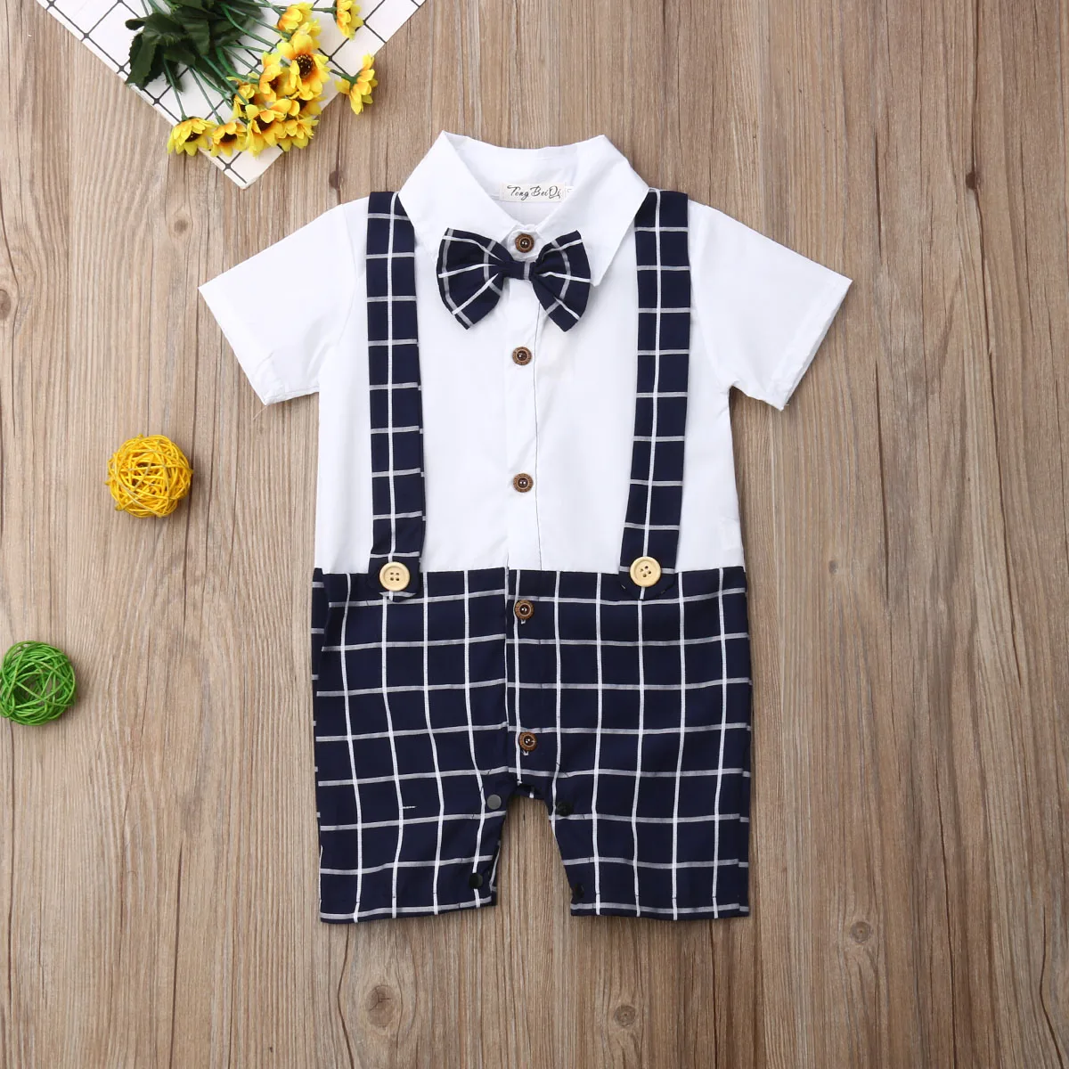 0-24M Newborn Baby Boy Little Gentleman Short Sleeve Bow Tie Patchwork Plaid Romper Jumpsuit Playsuit Summer Clothes |