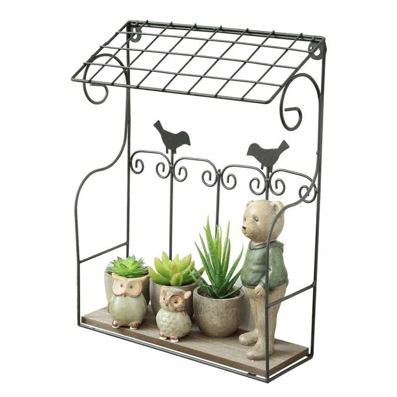 Vintage Metal Wall Mounted Rack with Wood Shelf Bird Decorative Display Stand Flower | Обустройство дома