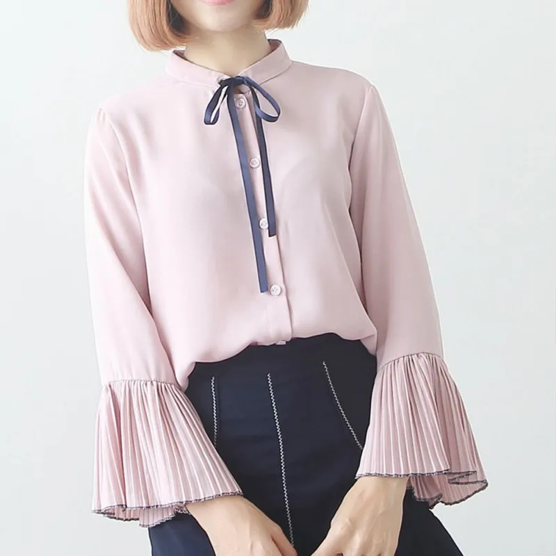 US Warehouse Blouse Women Korean Stand Collar Chiffon solid Shirts Spring Bow Tie Flare Sleeve Elegant Shirt Blue Pink Blusas | Женская