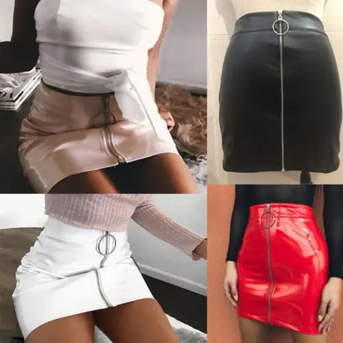 

Skirts Women High Waist PU Fashion Leather Mini Skirt Zipper Ring Short Solid Sexy White Black Skirts