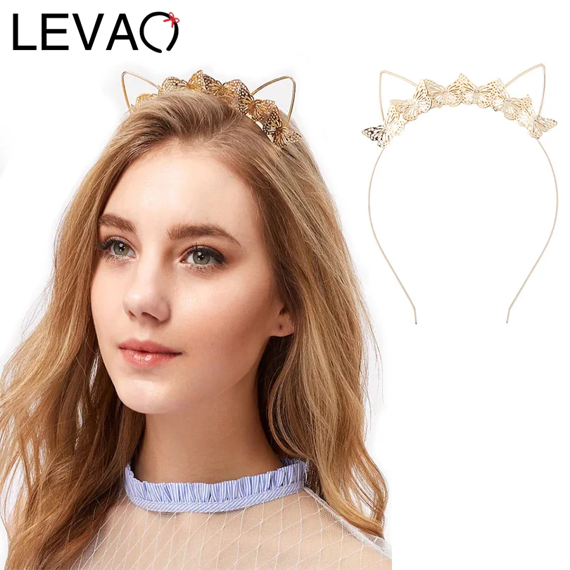 LEVAO, новая мода, Золотая Бабочка, кошачьи уши, ободок для девушек, тюрбан, головной убор, Женская повязка на голову, женские нескользящие аксессуары для волос