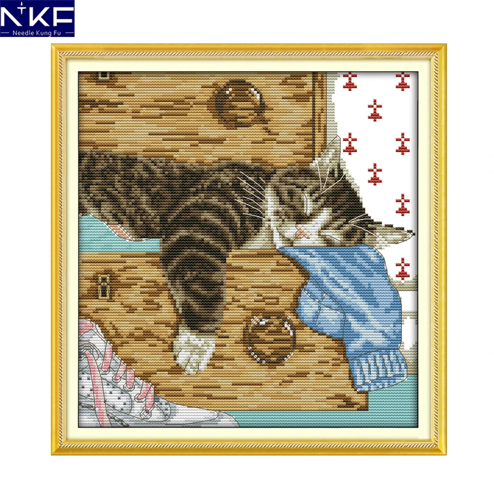 

NKF Lovely Lazy Cat Pattern DIY Handmade Craft Needlework Cross Stitch Set Embroidery Kit Animal Design Stitching Home Decor