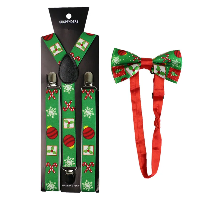 

Fashion Christmas Gift Print Suspenders And Bowtie Set Clip-on Elastic Y-Shape Back Shirt Stays Braces Suspenders For Women Men