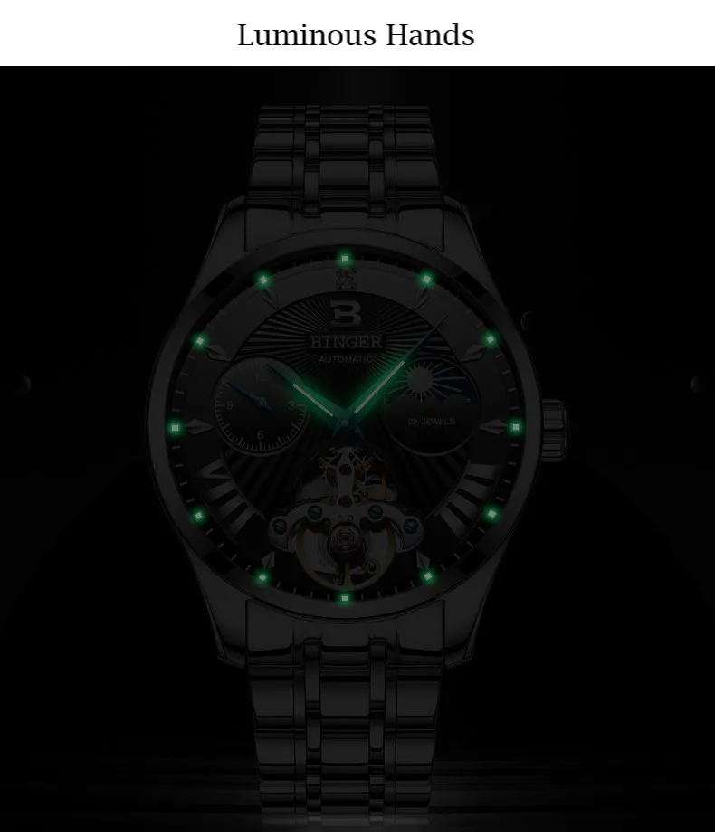 Tourbillon Бингер Мужские часы Роскошные деловые механические часы Мужские автоматические модные водонепроницаемые сапфировые спортивные часы с скелетом