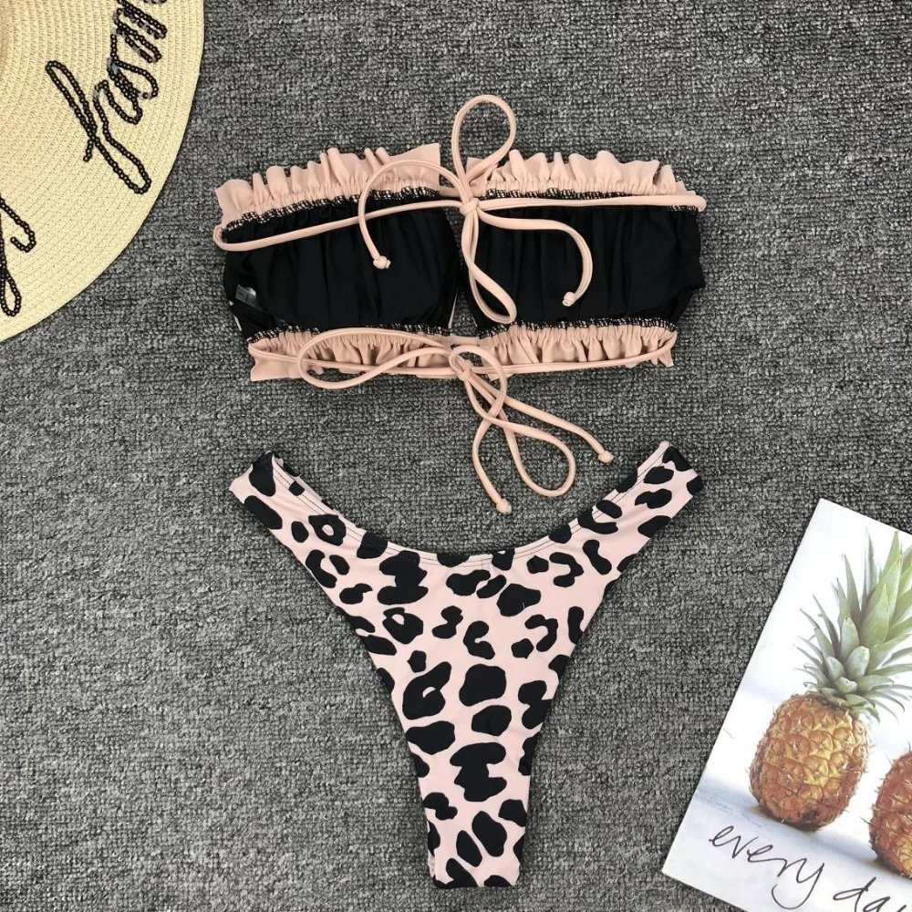 Женский раздельный купальник бандо с рюшами и леопардовым принтом