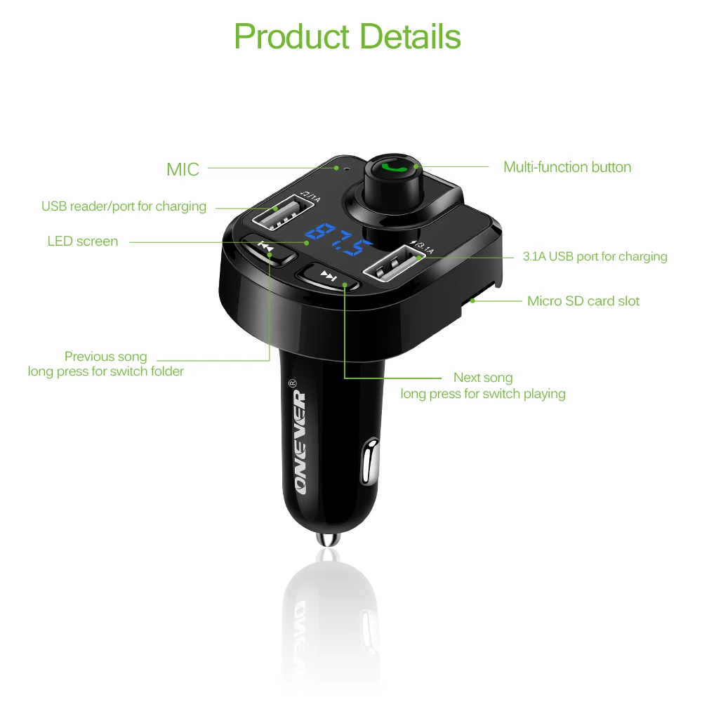 FM трансмиттер Onever автомобильный с 2 USB портами и поддержкой TF карт|fm modulator|car kit