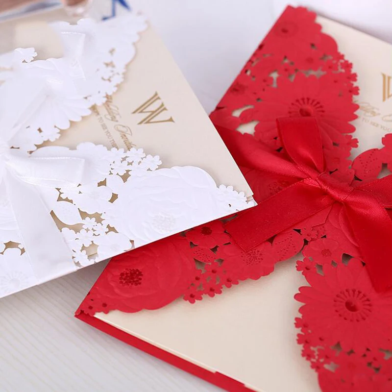 100 шт. белые и красные свадебные пригласительные открытки с лазерной резкой