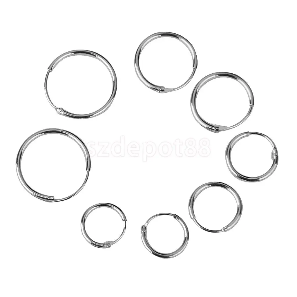 

4 Pairs Silver color Endless Round Hoop Sleeper Earrings 8 10 12 14mm