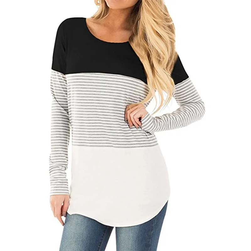 Spring 2019 Women Long Sleeve Tee Shirts Fashion Patchwork Shirt Cotton Casual Loose Tops Elegant Ladies Office Blouses Blusas