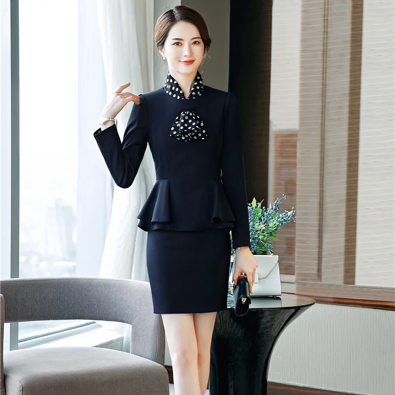 

Fashion Uniform Styles 2019 Spring Fall Women Business Suits With 2 Piece Sets Tops and Skirt Elegant Red Skirt Suits With Scarf