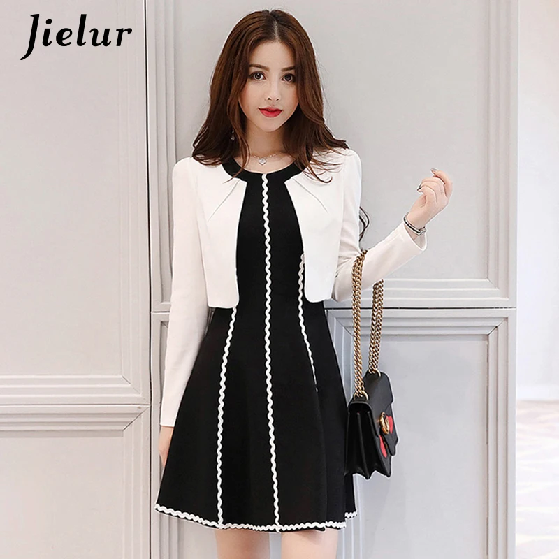 Jielur Elegant Stripe White Black Dress Set Autumn Classic Chic 2 Piece Women Korean Fashion Conjunto Feminino S-XL Dropship | Женская