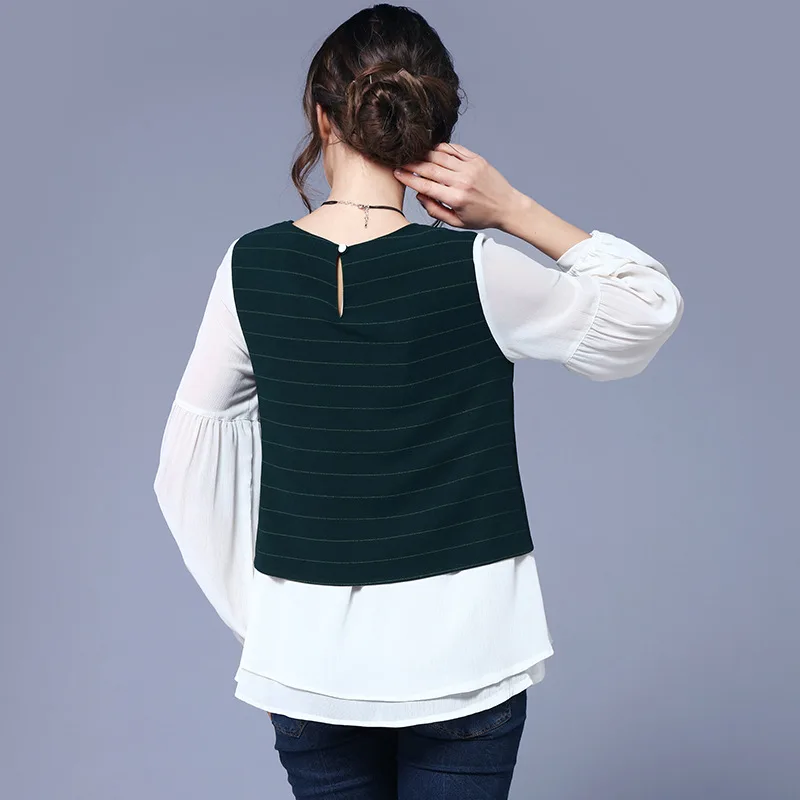 Женская шифоновая блузка в полоску рубашка контрастных цветов с круглым вырезом