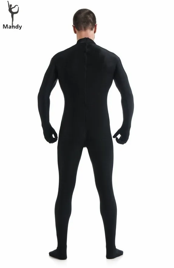 Мужской костюм зентай из черного лайкры и спандекса облегающий на молнии с