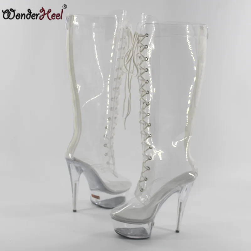 Женские сапоги до колена Wonderheel ПВХ обувь на очень высоком каблуке платформе со