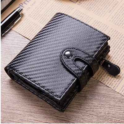 Carbon fiber black Для мужчин кожаные кошельки RFID Блокировка держатель кредитной карты Алюминий мини кошелек с монет сумка молния маленькие кошельки тонкий мешок денег - Цвет: Carbon fiber black