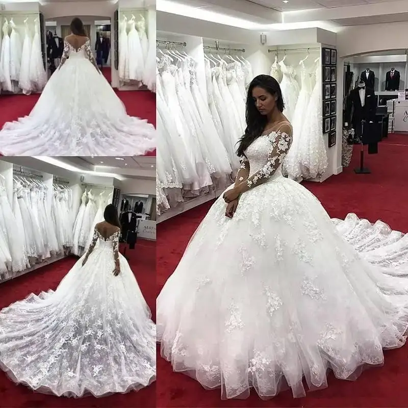 

Luxury Ball Gown Wedding Dresses Long Sleeves 2021 Trajes De Novia Applique Lace Sheer Bridal Gowns Handmade Abito Da Sposa