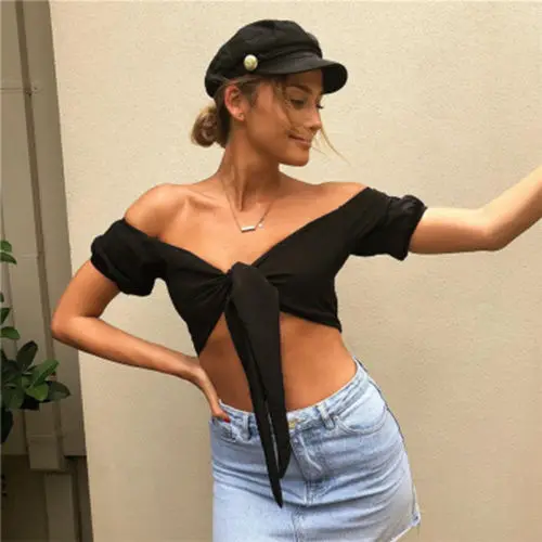 2018 Summer NEW Women off shoulder Vest Tops Halter Exposed Navel Bikini Black Sexy Briefs Blouse |