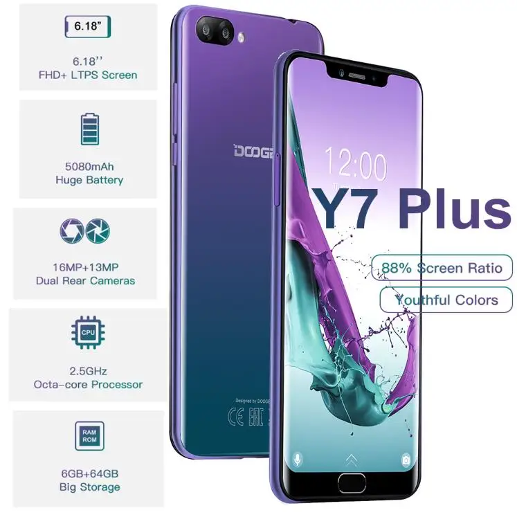 DOOGEE Y7 плюс 6 GB 64 мобильный телефон 18 &quotFHD + 19:9 Helio P25 Octa Core 5080 mAh 5 V/2A Quick Charge 8MP 16MP