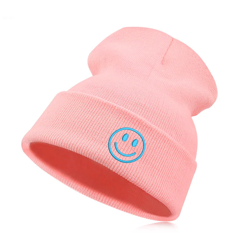 pink skyblue Beanie шляпа Skullie шапка, вязаная шапка-носок Зимняя Вышивка в стиле панк Для мужчин Для женщин личности подростков уличных танцев-улыбка Добрый день настроение - Цвет: pink skyblue