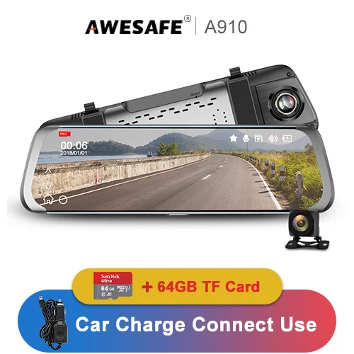 A910 Add 64GB Card AWESAFE, 10 дюймов, сенсорный экран, Full HD, 1080 P, Автомобильный видеорегистратор, поток, зеркало заднего вида, видеорегистратор, Эра, двойной объектив, запись, Автомобильный видеорегистратор, видеорегистратор - Название цвета: A910 Add 64GB Card