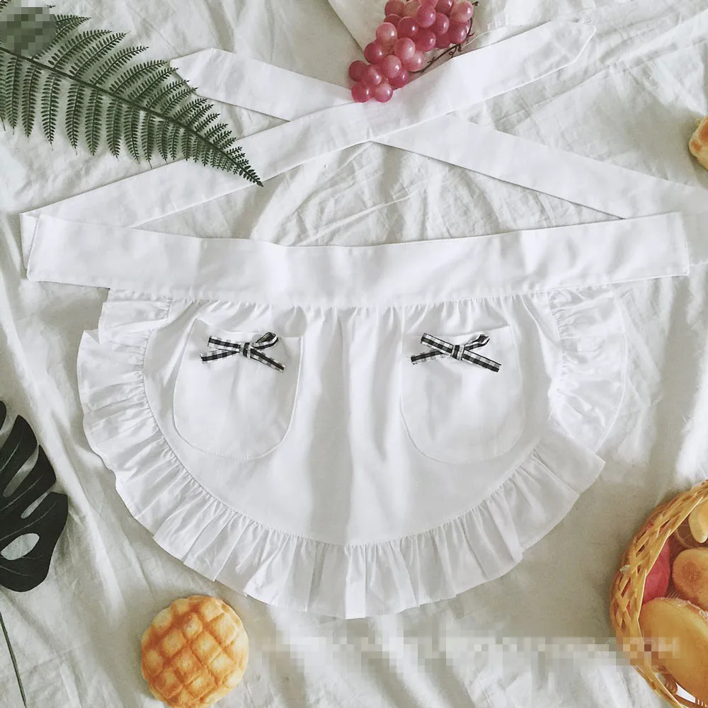 Sexy White Half Waist Ruffle Waitress Cosplay Avental de Cozinha Divertido Tablier Cuisine Pinafore Short Apron with Pockets