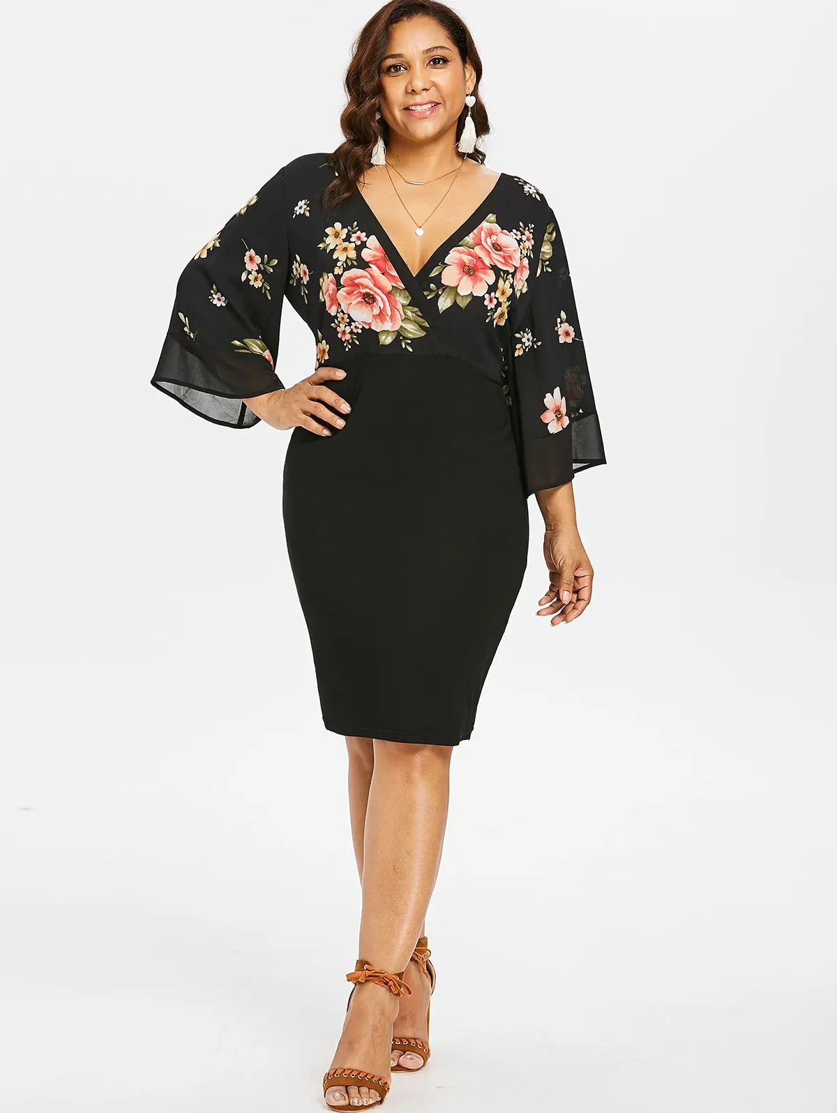

ROSEGAL Plus Size Bell Sleeve Low Cut Floral Bodycon Dress Women Plunging Neck 3/4 Sleeve Summer Dresses Party OL Dress Vestidos