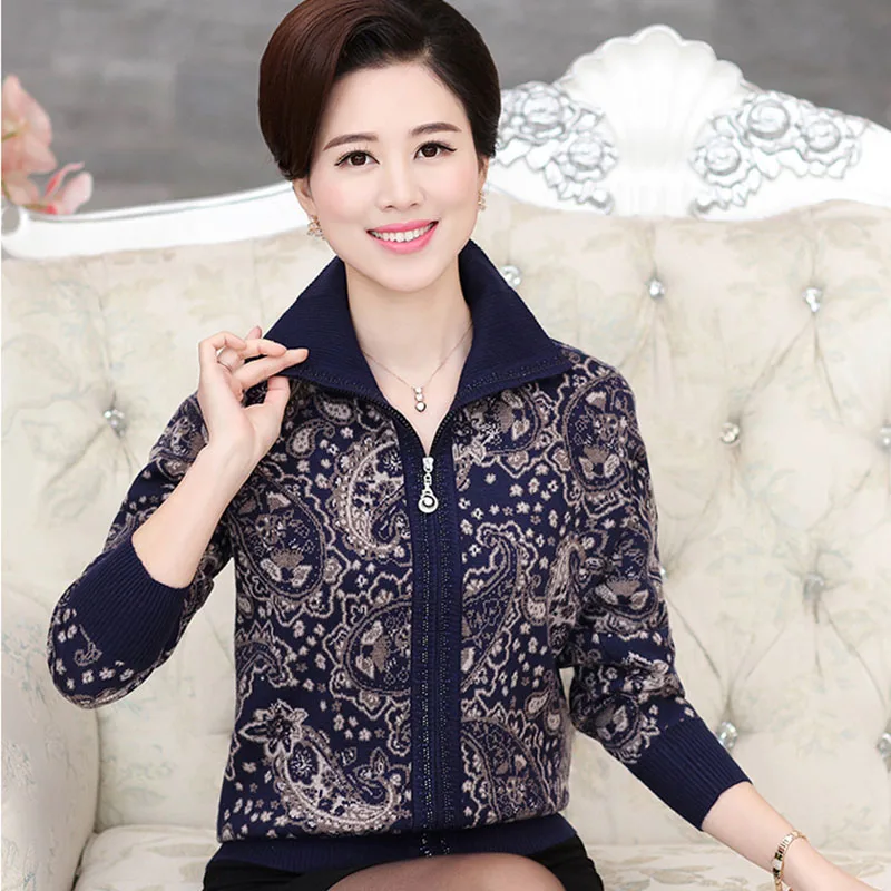 Женский вязаный кашемировый кардиган свитер для мам среднего возраста осенне