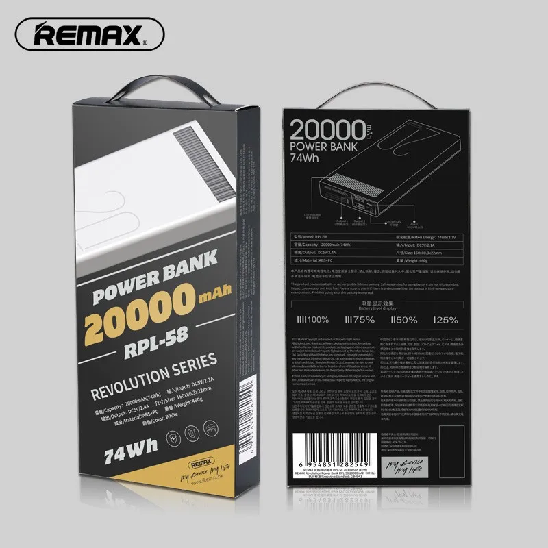 Remax 2.4A 20000 мАч Quick Charge Мощность банка полимерная Батарея двойной зарядка через usb для Xiaomi samsung Планшеты 20000 мАч повербанк