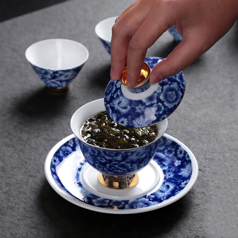 Цзиндэчжэнь керамический синий и белый фарфор винтажный Gaiwan с комплект крышек