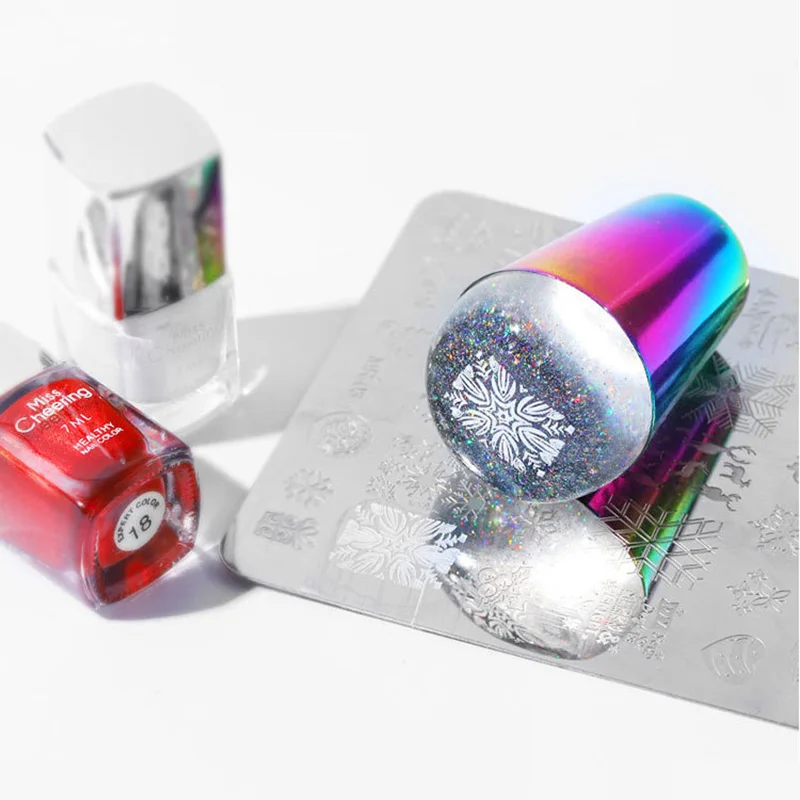 4 см Nail Stamper сияющая голографическая головка прозрачный силиконовый разноцветная ручка Stamper для дизайна ногтей штамповочная пластина инструменты