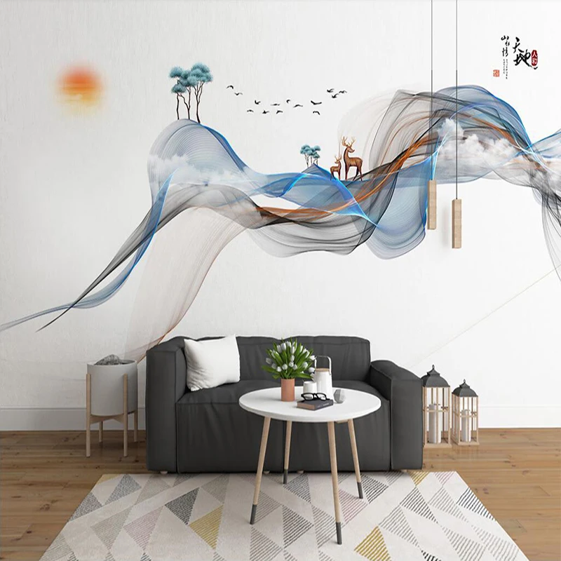 

Decorative wallpaper New Chinese hand-painted abstract lines ink landscape elk background wall