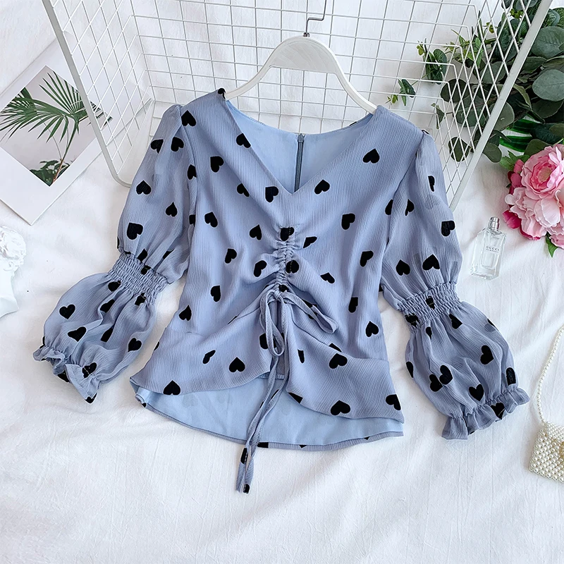 Летняя 2019 Милая шифоновая Женская короткая блузка элегантная милая с пышными
