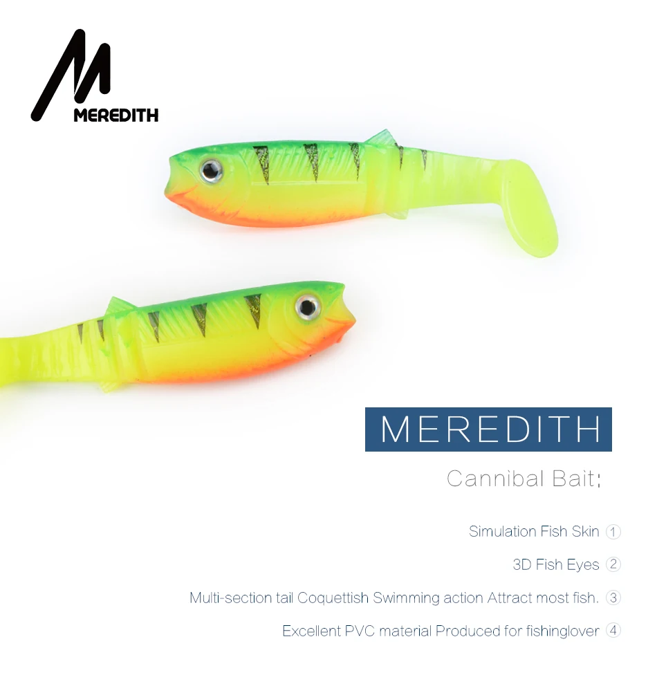 MEREDITH, Новое поступление, JX62-08, популярная модель, 10 шт, 5,5 г, 8 см, рыболовные приманки, мягкие, Cannibal Shad, 3D рыбы, Реалистичная приманка