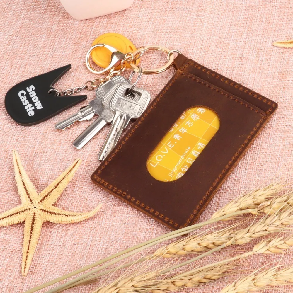 

100 pieces / lot 10.5x7cm Men Women Bus Card Holder With Key Ring Vintage Design Brown Crazy Horse Leather Business Card Holder