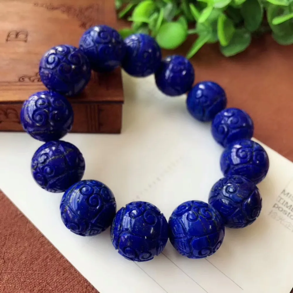 

13mm Natural Lapis Lazuli Bracelet For Women Men Royal Blue Gemstone Crystal Stretch Craved Round Beads Jewelry Strands AAAAA