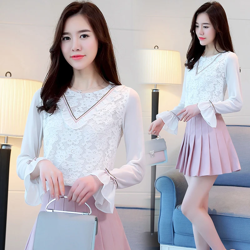long sleeve women shirts white lace chiffon blouse shirt Fashion elegant womens tops and blouses blusas femininas 1800 50 | Женская
