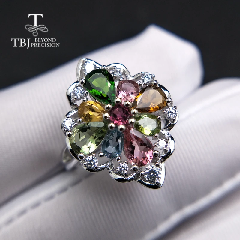 Женское кольцо с натуральным турмалином TBJ разноцветное из стерлингового