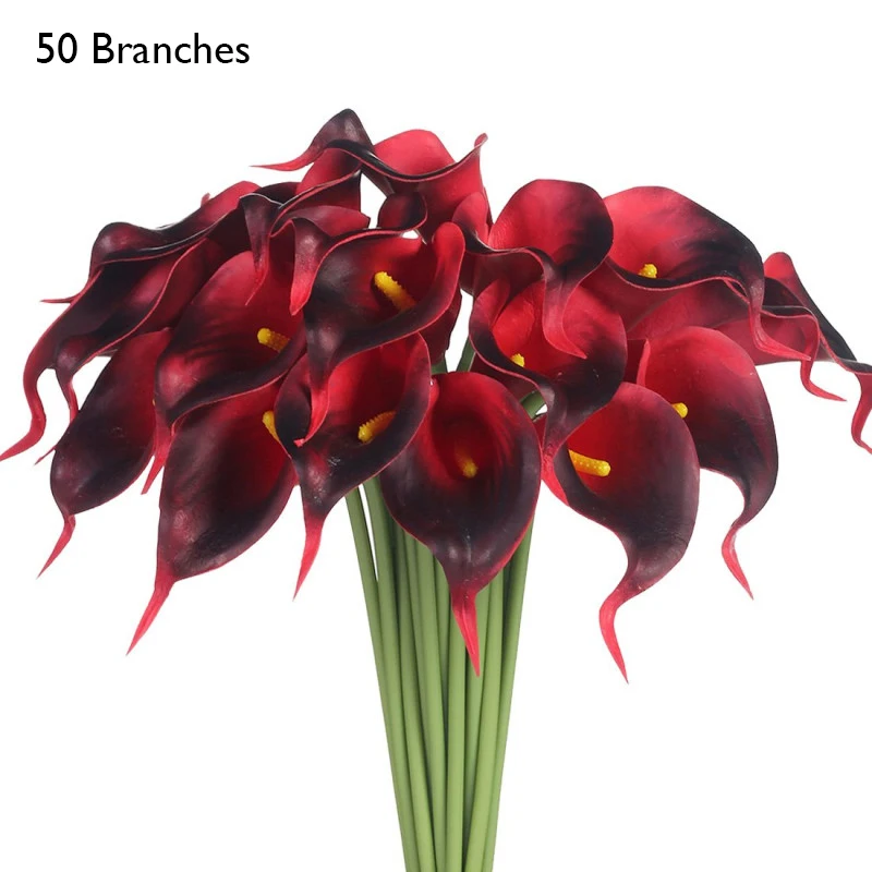 Red yumai 50 шт. / Компл. Черные Калла Цветы Букеты Искусственные Украшения ПУ Лилии Цветы Пучки для Свадьбы Украшение Стола - Цвет: Red