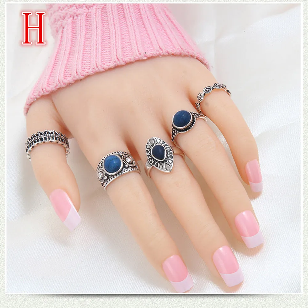 H 5PCS Стильные ювелирные изделия, модный дизайн, кольца, Мульти Стиль, для женщин, богемный стиль, Винтаж, серебряная стопка, кольца выше колена, синее кольцо, набор, Прямая поставка - Цвет основного камня: H 5PCS