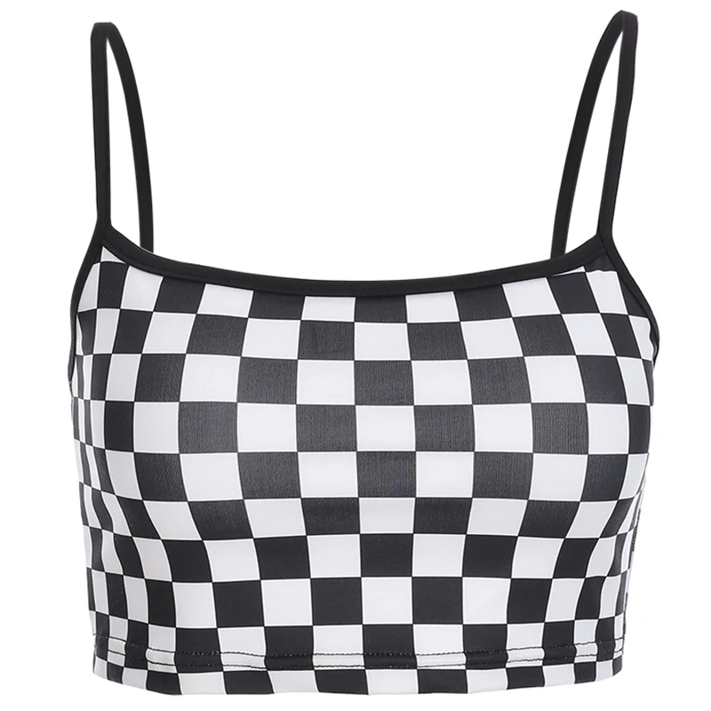 Rapwriter сексуальная стрейч Шахматная Печать Ремни Camisole Feminina Летняя мода Фитнес уличная Bodycon Тонкий укороченный топ