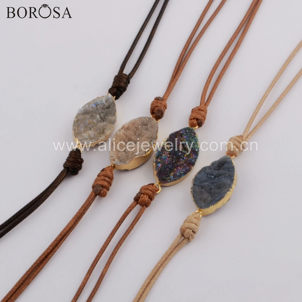 

BOROSA 5PCS Boho Women Leather Bracelet Gold Color Oval Rainbow Titanium Natural Galaxy Quartz Wrap Bracelet Jewelry HD0022